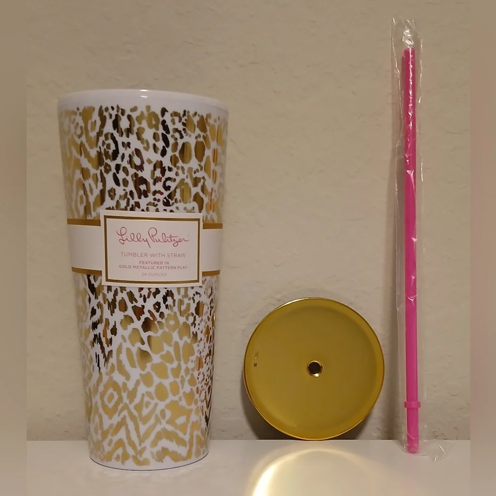 NWT Lilly Pulitzer Gold Leopard Tumbler With Straw
